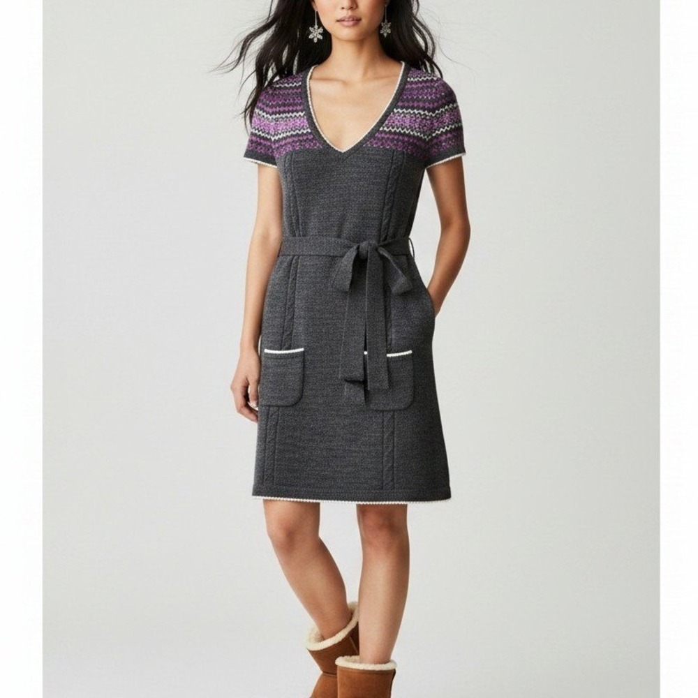 Belle du Jour XS Fair Isle Wool Belted Knit Mini Dress Gray Purple Nordic Winter